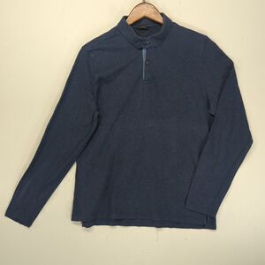 Massimo Dutti Long Sleeve 2 Button Polo Top Shirt Navy Heathered Womens XL